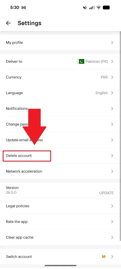 You will find the Delete Account option in the 9th position. Simply click on it.