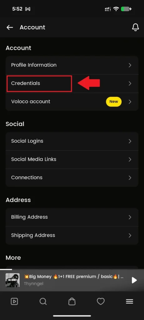 On the Account page, tap Credentials.