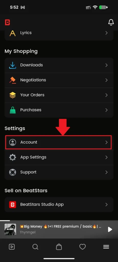 The side menu opens — scroll down to the Settings section and tap Account.