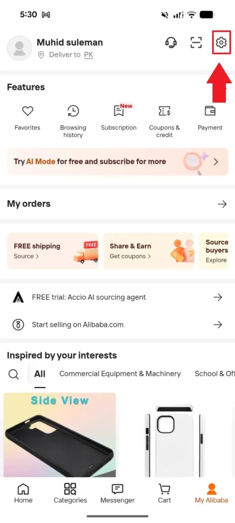 Then click on the Settings (gear) icon at the top-right corner.