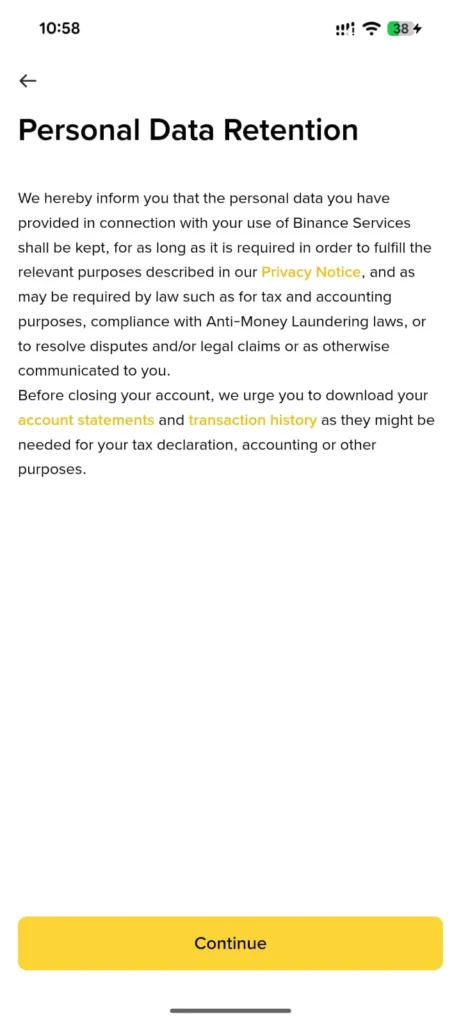 Read the Personal Data Retention notice and tap Continue.