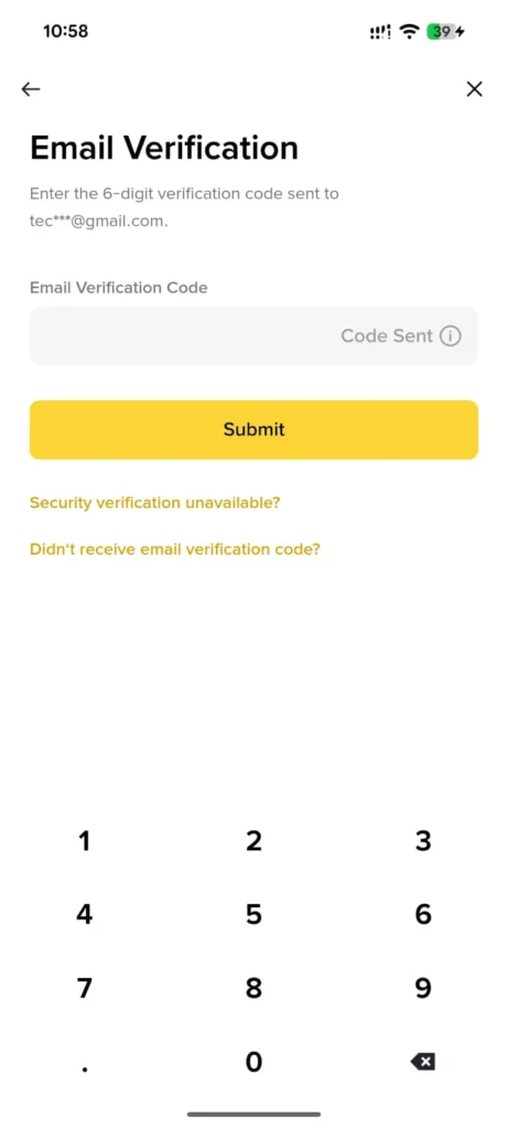 Enter the 6-digit email verification code and tap Submit.