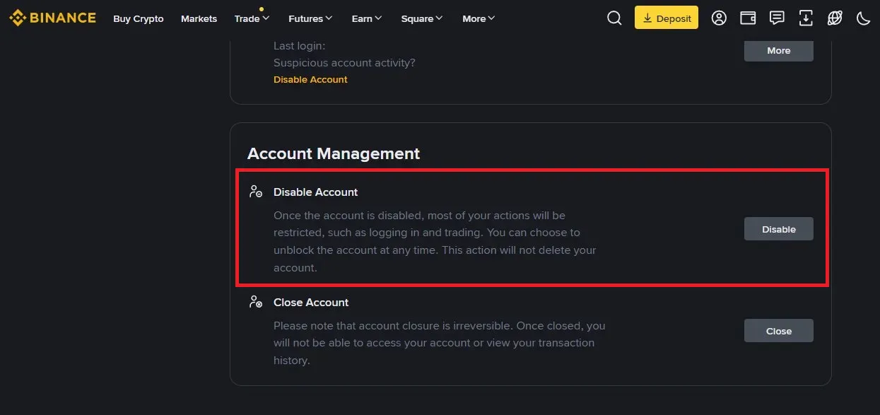 the “Disable Account” option