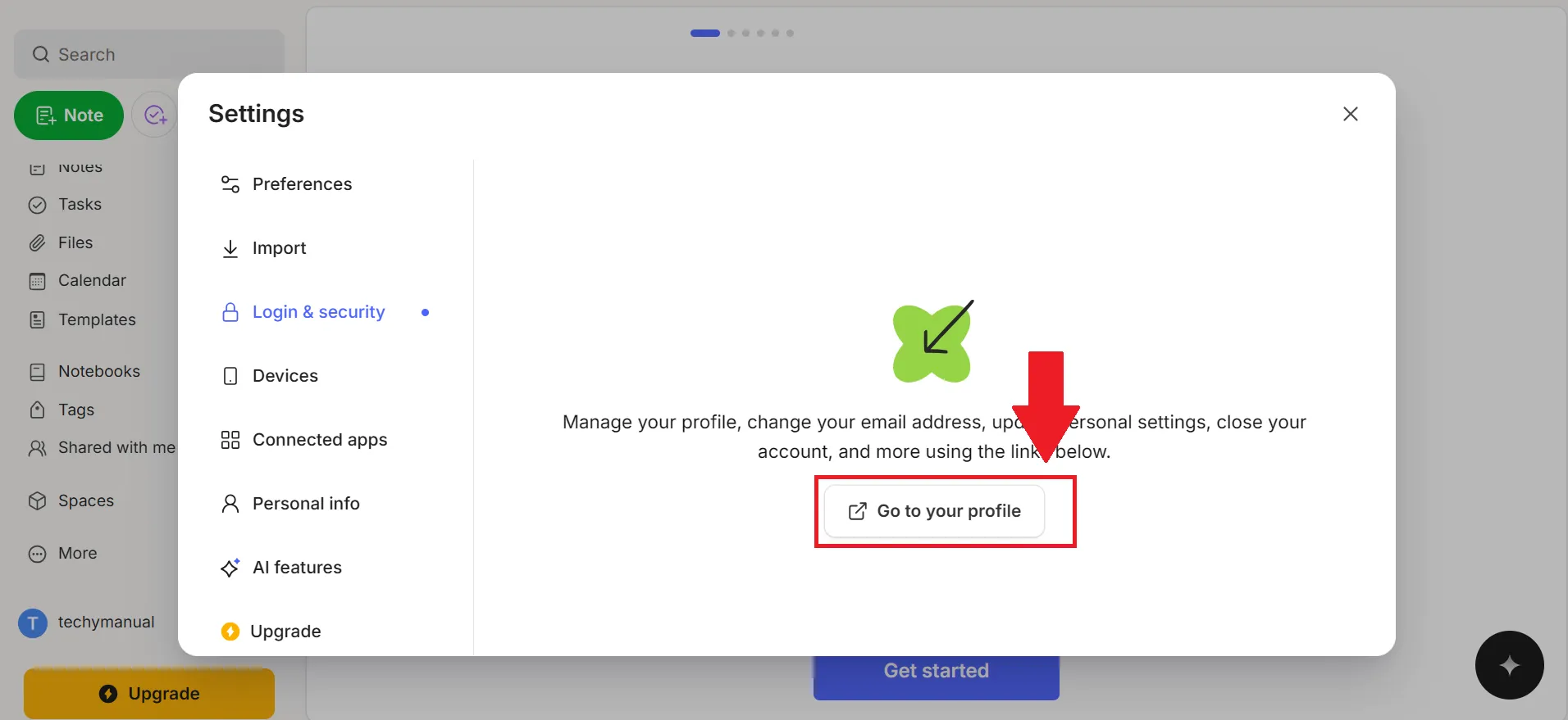 There, click on Go to Profile evernote