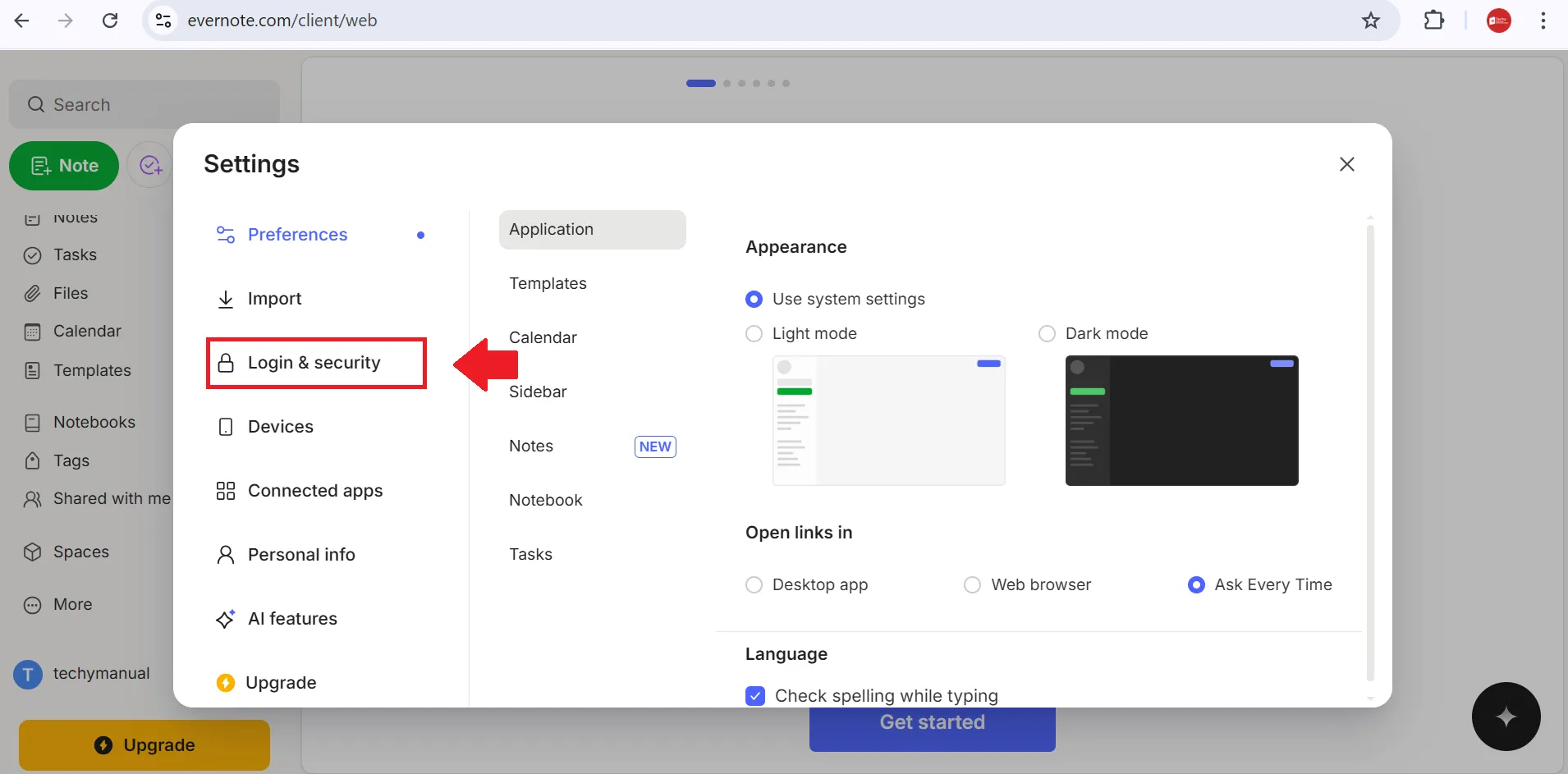 Next, click on the Login and Security option evernote