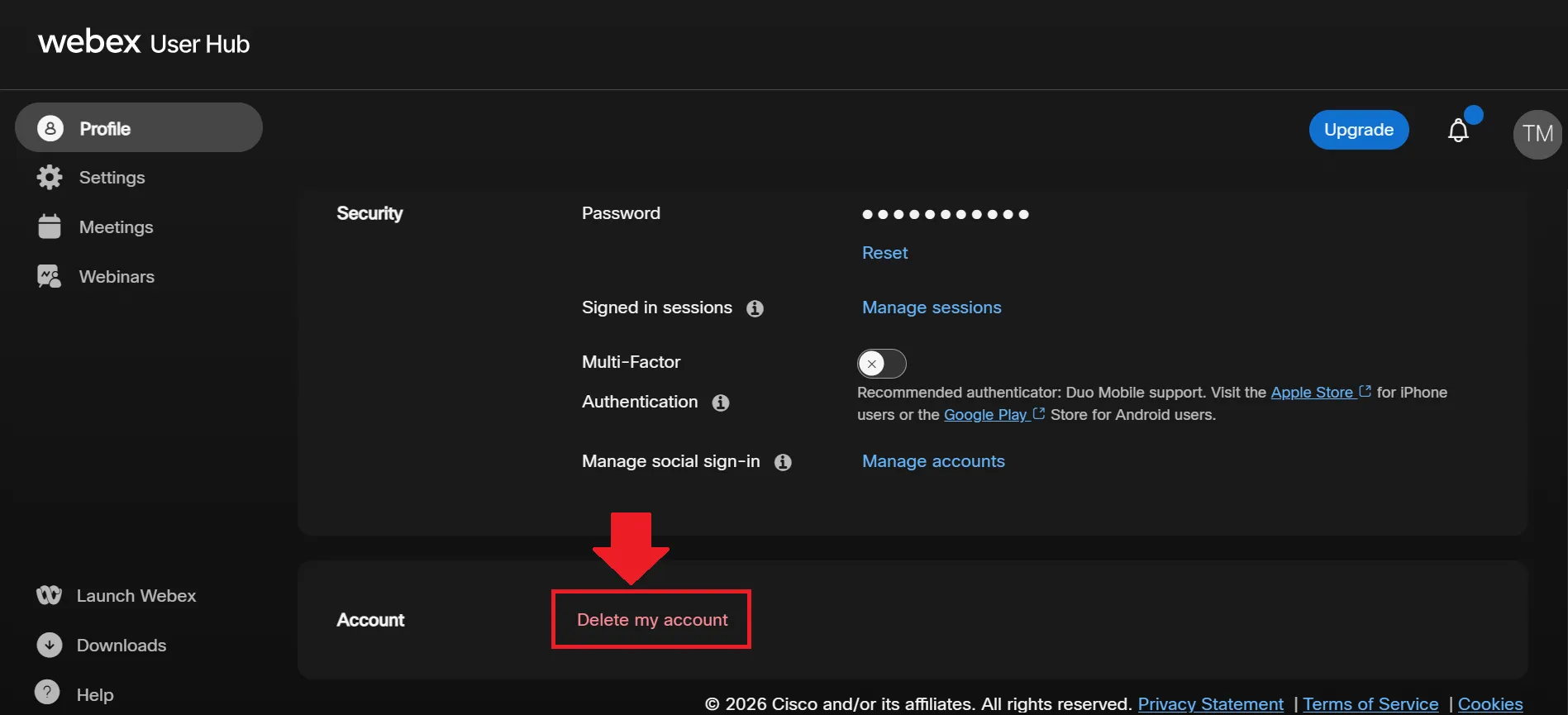 find the account deletion option.