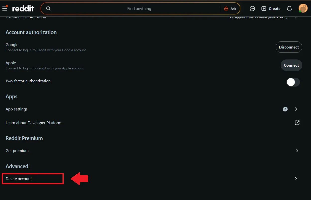Scroll down to the Advanced section and click Delete account.