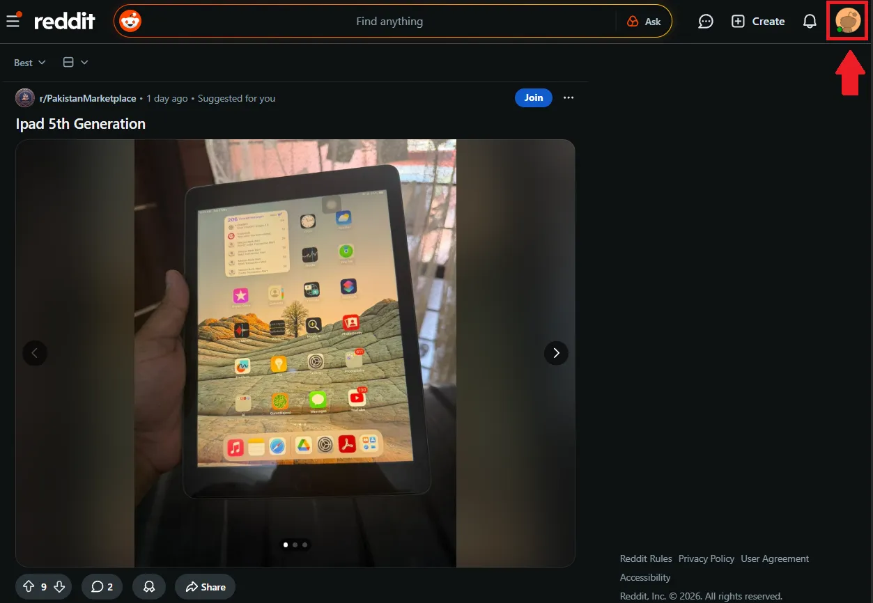 Log in to Reddit on your browser and click your profile avatar at the top right corner.