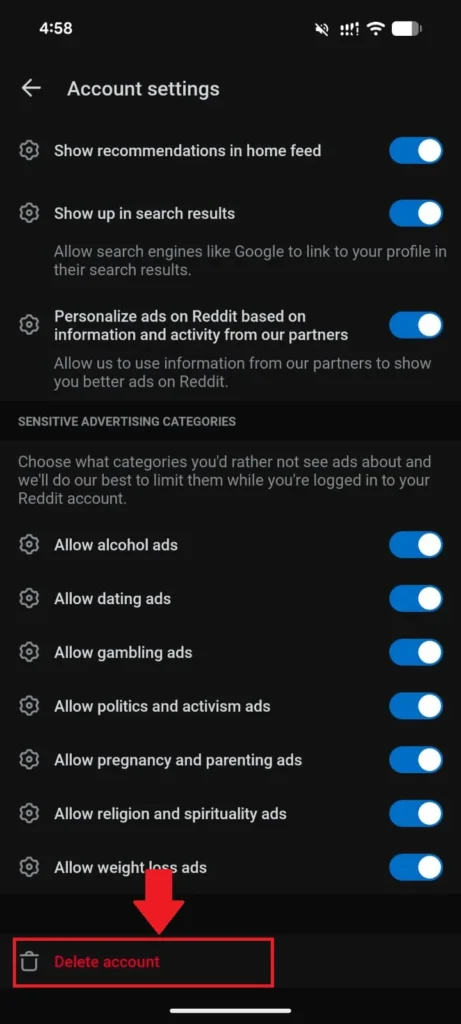 Scroll down to the bottom of the Account settings page and tap Delete account.
