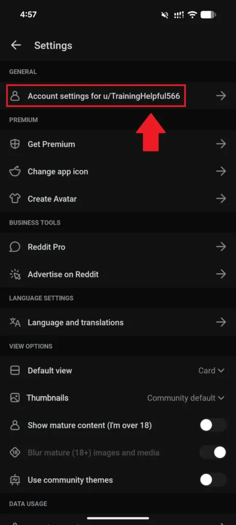 Under General, tap Account settings for your username.