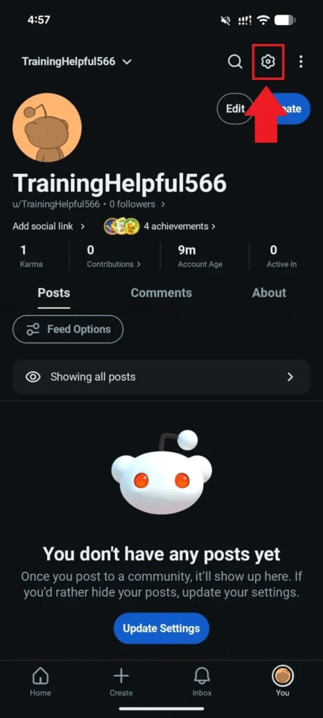 On your profile page, tap the Settings (gear) icon at the top right corner.