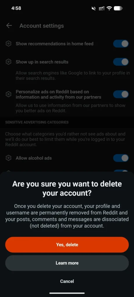 A confirmation prompt will appear warning you that your profile and username will be permanently removed. Tap Yes, delete to confirm.